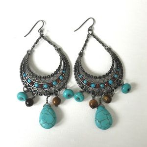 Western Beaded Turquoise Silver Earrings